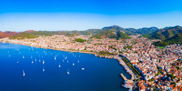 istock Marmaris beach aerial panoramic view in Mugla Province in Turkey 2160245530