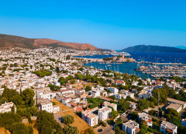 istock Bodrum beach and marina aerial panoramic view in Turkey 2160245595