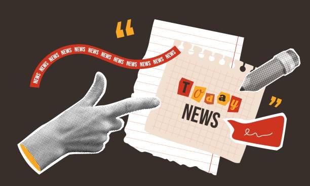 Announcement concept. Checkered paper, pencil, quotation marks, speech bubble with squiggle. Vector doodle illustration.