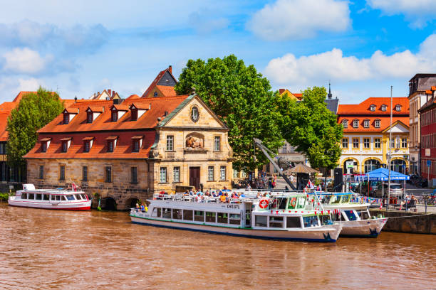 Bamberg, Germany - July 12, 2021: Klein-Venedig or Little Venice is a fishermens houses at Regnitz river in Bamberg old town. Bamberg is a town in Upper Franconia, Bavaria in Germany.