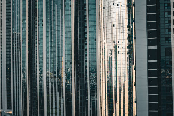 Big city skyscraper windows basking in the sunset light