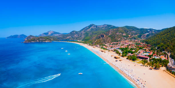 istock Oludeniz beach aerial panoramic view in Turkey 2160255610