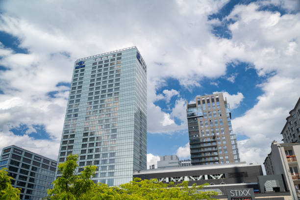 Warsaw, Poland - July 02, 2025: Contemporary high-rise buildings and city urban environment captured in Warsaw, Poland