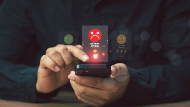 istock Customer Experience dissatisfied Concept. Bad review and service dislike poor quality, low rating, bad social media not good. man  Rate dissatisfaction with sad face icon with one star. 2160258132