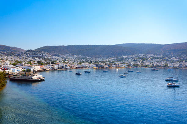 Bodrum city beach and marina aerial panoramic view. Bodrum is a city in Mugla Province, Turkey.