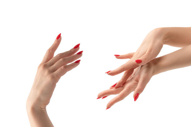 istock Woman hands with red nails isolated on a white background. 2160263935