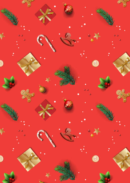 istock Luxury Corporate Holiday card with Christmas pattern, gift boxes, candles, gingerbread cookies, candy canes on red background. Universal artistic template. Vector illustration 2160267422