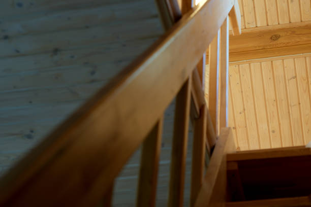 istock Wooden stair railing in a cabin 2160267968