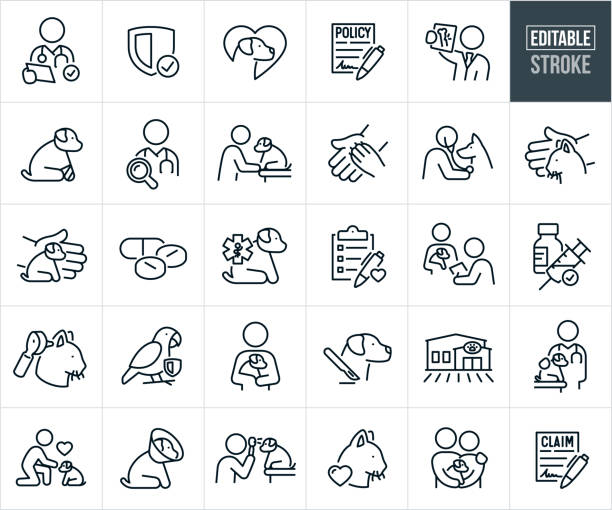 Pet Insurance Thin Line Icons - Editable Stroke A set of pet insurance icons with editable strokes or outlines using the EPS file. The icons include a veterinarian, shield with checkmark, dog in heart silhouette, pet insurance policy form, veterinarian reviewing a pets broken bone x-ray, dog with cast on injured leg, veterinarian search, veterinarian giving a puppy dog a medical exam, veterinarian using a stethoscope to check the health of a dog, cat insurance, medication, pet medical checklist, pet owner getting his got a checkup at the vet, pet immunization, cat getting an ear exam, parrot insurance, pet owner holding his dog in arms, surgery for a dog, veterinarian clinic, insurance claim form and other pet insurance related icons. black german shepherd dog or alsatian wolf dog stock illustrations
