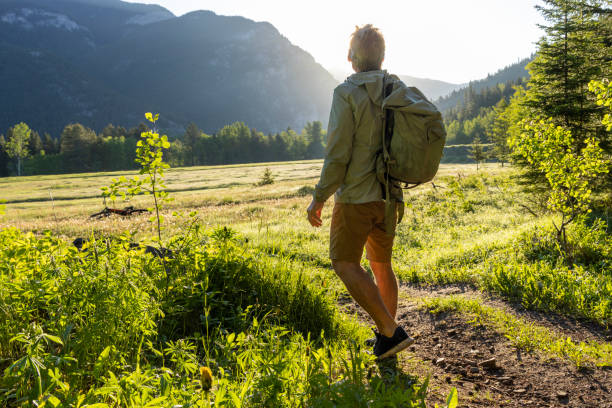 istock Backpacker explores mountain meadow at sunrise 2160275686