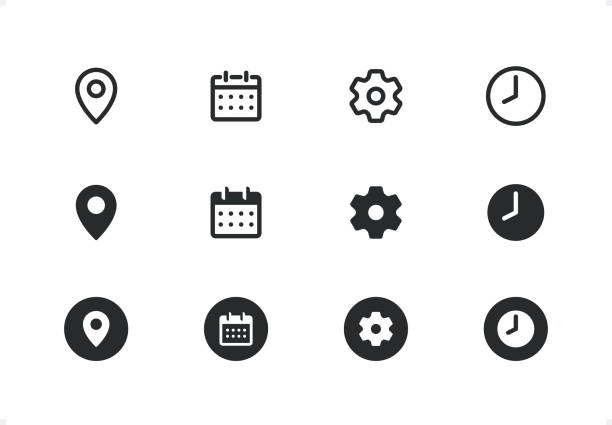 Interface icon set. Editable stroke weight. Pixel perfect. Line- and solid-style icons. Interface line- and solid-style icon set #05
Specification: 12 icons, 48×48 pх, EDITABLE stroke weight! Current stroke: 3 px. Contain line- and solid-style icons.
Features: Pixel Perfect, Unicolor, Editable weight thin line.
Rows of icons contains:
Address (Location), Date, Gear, Time.
Check out the complete Combico collection — https://www.istockphoto.com/collaboration/boards/IEJwcOQjbkiD4IwTqZehSA calendar date stock illustrations