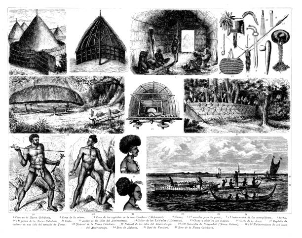 Antique engraving collection, Ethnography: New Guinea and Pacific Islands Antique engraving collection, Ethnography: New Guinea and Pacific Islands sea population stock illustrations