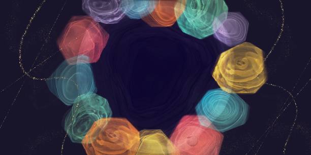 istock Horizontal abstract banner with multiple polygonal decorations of colorful alcohol ink art in jewelry style on dark purple background 2160281381