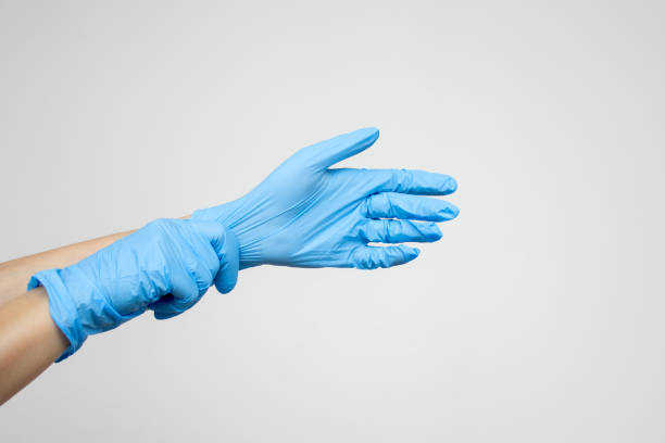 A female doctor or nurse puts on blue medical gloves A female doctor or nurse puts on blue medical gloves to perform a procedure. Isolated on a light gray background with copy space. Medicine and healthcare concept. Injections and vaccinations, surgery plastic gloves stock pictures, royalty-free photos & images