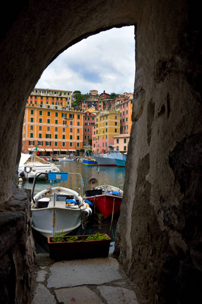 glimpse of the small port of Camogli Liguria Italy