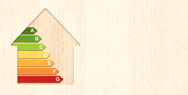 Energy efficiency chart on cardboard texture. Horizontal banner with eco paper texture and energy efficiency house symbol. Energy class, bio energetic and ecology concept. Copy space for text