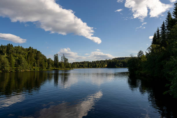 istock Serene lake, lush trees, blue sky with fluffy clouds 2160294705