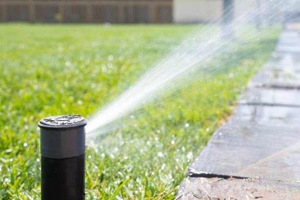 istock Lawn sprinkler watering grass in backyard 2160299736
