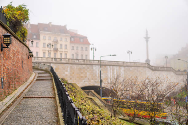 Foggy old town of Warsaw in Autumn