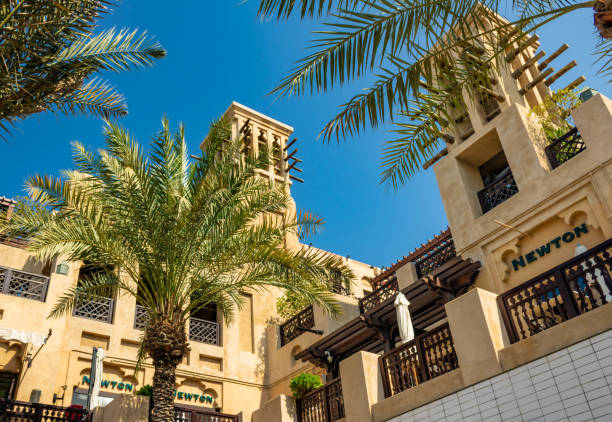 Dubai, UAE - February 2022: Architecture of the Madinat Jumeirah souk in Dubai, wind towers, looking up