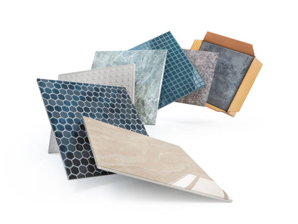 istock Pile of different ceramic tiles on a white background. 3d illustration 2160304231