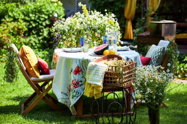 istock Bright summer holiday table setting in nature in the backyard, the table is decorated with wildflowers, daisies and fruits 2160308097