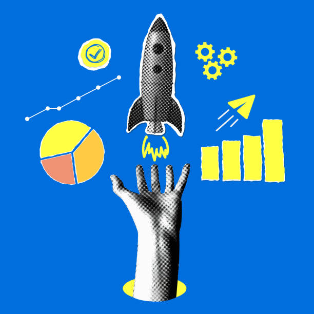 Business and financial success concept. Modern collage Business and financial success concept. Modern collage with halftone hand holding a launching rocket, sales chart icons. Income growth. Successful startup. Increasing profits illustration start ups stock illustrations