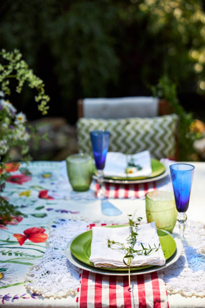 istock Bright summer holiday table setting in nature in the backyard, the table is decorated with wildflowers, daisies and fruits 2160308763