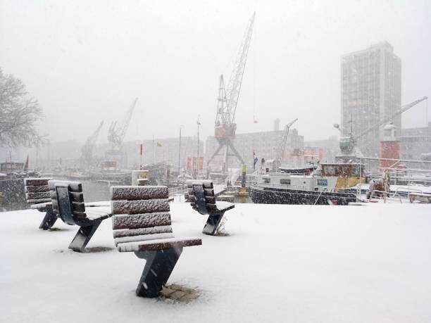 Snowed street benches in Rotterdam, Netherlands
