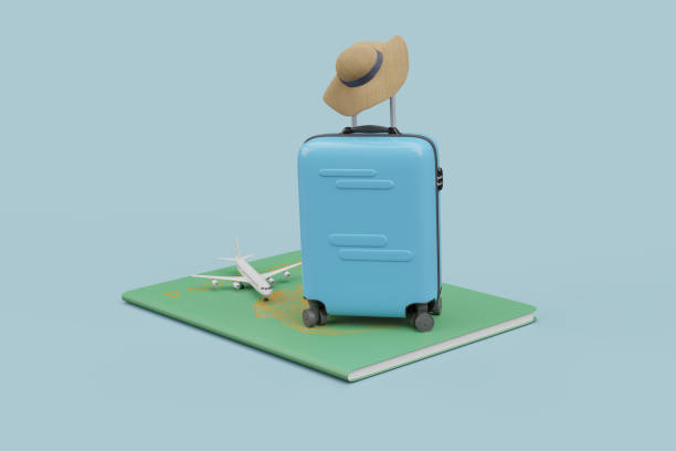 istock blue suitcase, passport, airplane on blue background travel concept. 2160310906