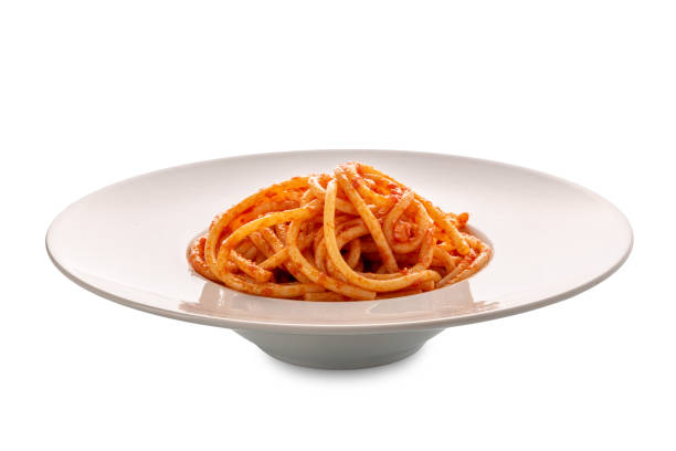 istock Bucatini pasta with tomato sauce in white plate 2160320917