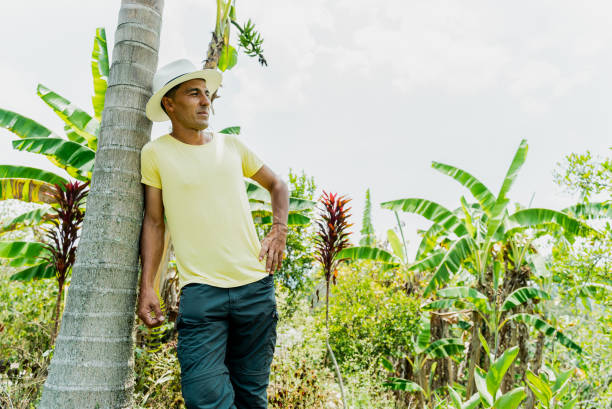 Mature man leaning on a banana tree