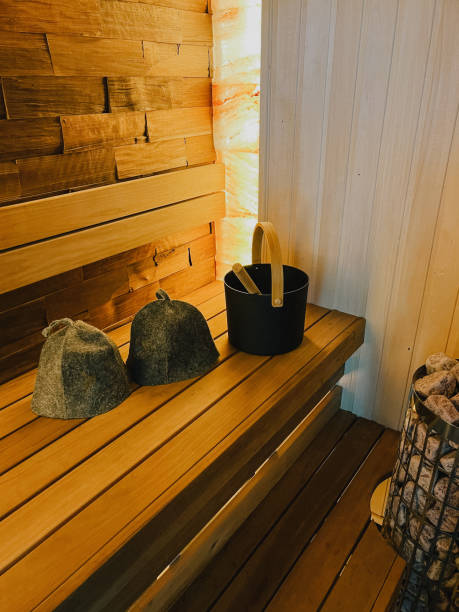 istock A wooden sauna with a bucket on the bench. 2160324723