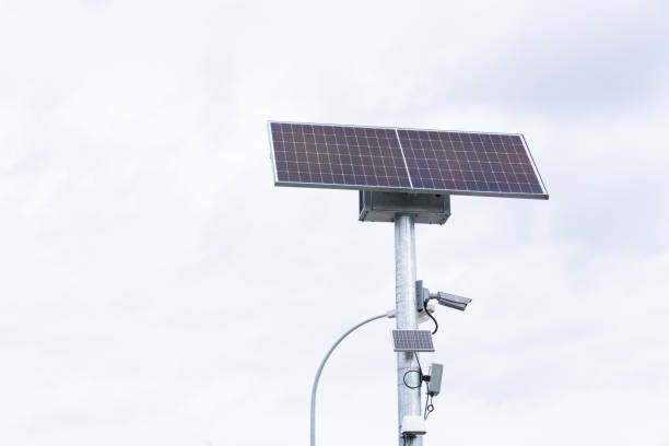 istock Solar cells panel used energy with motion speed Wi-Fi dome CCTV 4G solar camera with sim card system technology signal for looked around security area for safety concept 2160325281