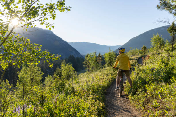 istock Mountain biker pauses in meadow at sunrise 2160330712