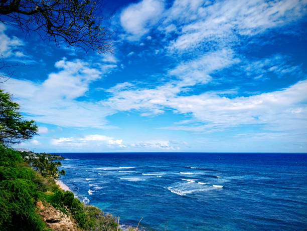 A scenic view from Diamond Head Lookout in Honolulu, Hawaii, with the ocean and the coastline in the background.