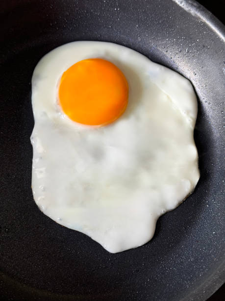 istock Full frame image of sunny side up fried egg sat frying in non-stick frying pan, elevated view 2160334094