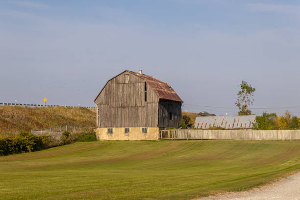 istock Rustic wooden barn - weathered texture - set against clear blue sky - surrounded by lush green fields - distant fence line 2160335214
