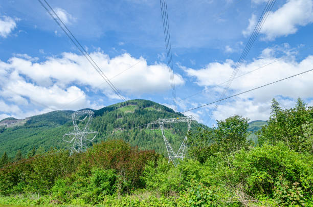 Overhead High Voltage Transmission Lines and pylons in a mountain region