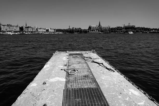 View of a small pier in black and white
