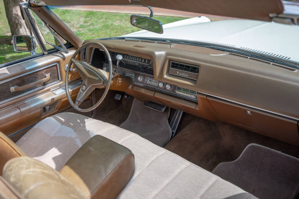 Interior dashboard and steering wheel of classic American car