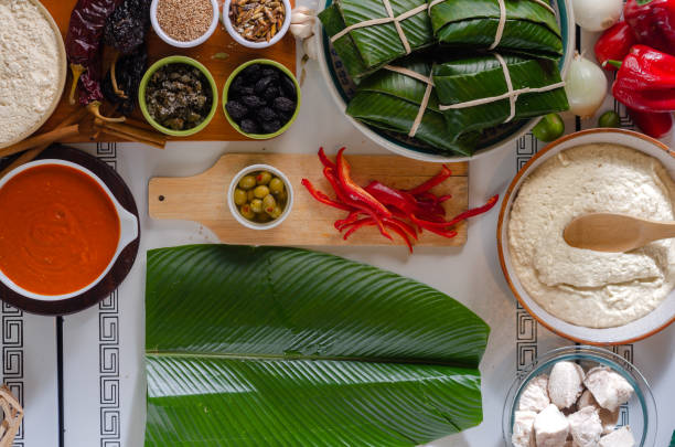 istock Antique metal table, with ingredients for making tamales. 2160351334