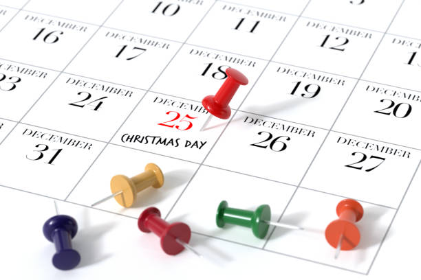 Calendar with Red Pushpin. Christmas Day Concept Using White Background. 3d Rendering