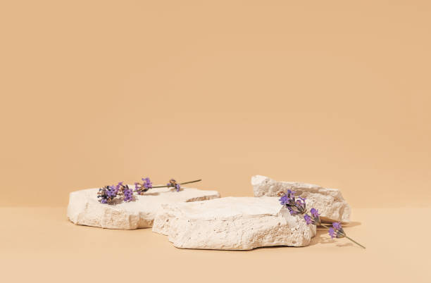 Beauty cosmetics product mockup scene with copy space, featuring white stone and a lavender flower. The composition highlights natural purity and evokes a summer mood. Captured in a studio setting.