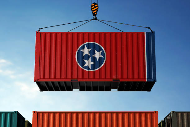 istock Tennessee trade cargo container hanging against clouds background 2160371715
