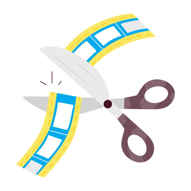 istock Cutting filmstrip with scissors denoting movie editing, flat sticker 2160373236