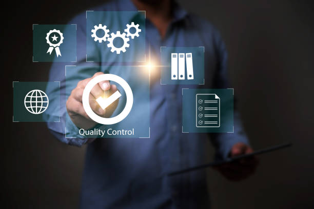 istock Product Quality control concept, Mnn using laptop with check mark symbol represents the standard quality control. 2160381416