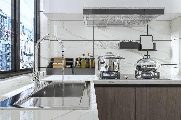 istock Luxurious kitchen and furniture sink, self and firespace decoration in modern interior design 2160382176