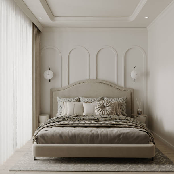 istock Bedroom interior design, luxury bed and wall decoration for a studio apartment interior design 2160382525
