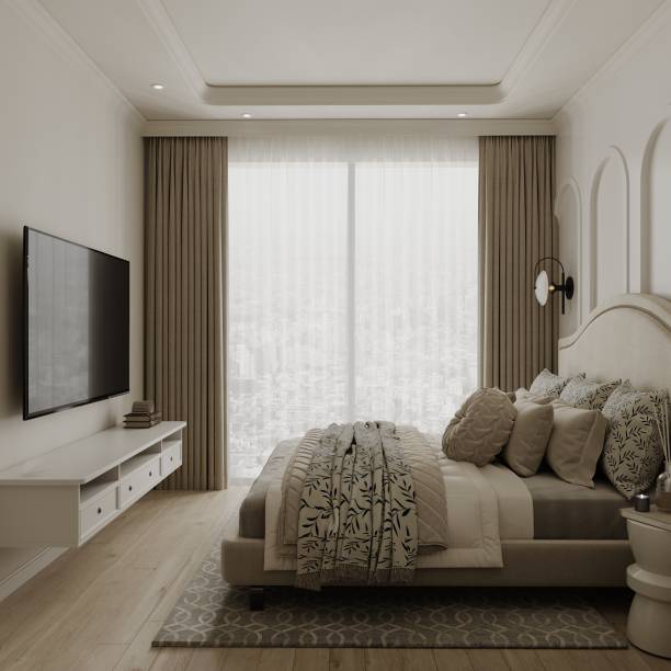 istock Studio Apartment modern bedroom interior design with white bed, smart wall decor tv 2160382820